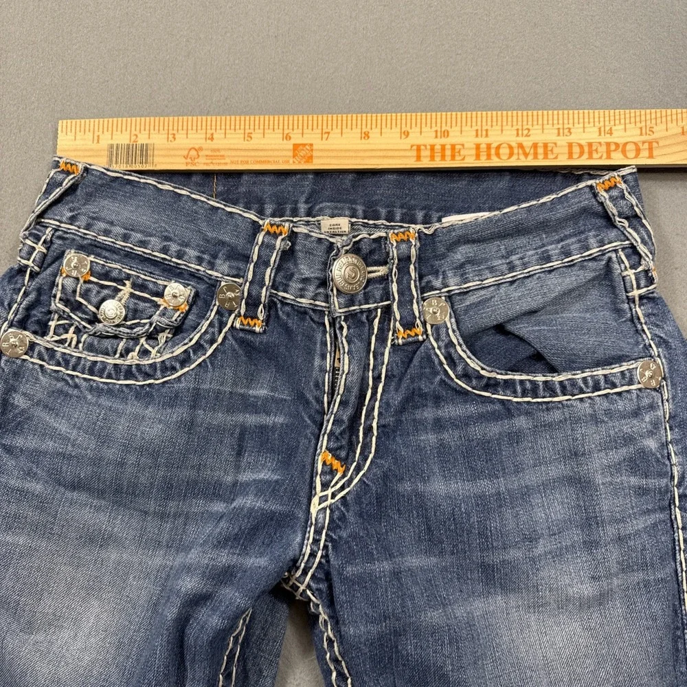 TRUE RELIGION 29 X30 STRAIGHT FLAP SUPER-T ORANGE BACK LOGO PATCH WHISKERING